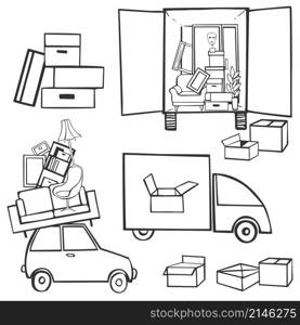 Moving truck and cardboard boxes. Relocation. Vector illustration.. Moving truck and cardboard boxes. Relocation.