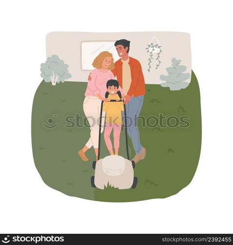 Mowing the lawn isolated cartoon vector illustration Parent and child holding grass-cutter together, family mowing the lawn on backyard, household routine, working outdoor vector cartoon.. Mowing the lawn isolated cartoon vector illustration