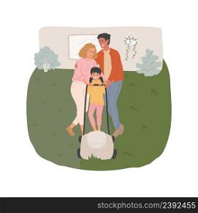 Mowing the lawn isolated cartoon vector illustration Parent and child holding grass-cutter together, family mowing the lawn on backyard, household routine, working outdoor vector cartoon.. Mowing the lawn isolated cartoon vector illustration
