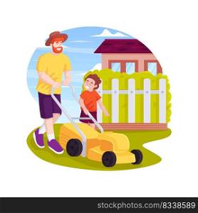 Mowing the lawn isolated cartoon vector illustration. Parent and child holding grass-cutter together, family mowing the lawn on backyard, household routine, working outdoor vector cartoon.. Mowing the lawn isolated cartoon vector illustration.