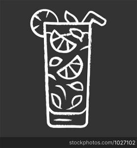 Moxito chalk icon. Mojito cocktail in highball glass slice of citrus and straw. Mixed drink with mint and lemon. Refreshing alcohol drink for party. Isolated vector chalkboard illustration