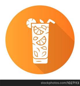 Moxito orange flat design long shadow glyph icon. Mojito cocktail in highball glass slice of citrus and straw. Mixed Refreshing alcohol drink with mint and lemon. Vector silhouette illustration