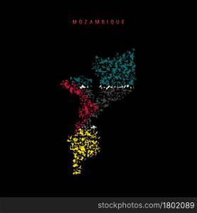 Mozambique flag map, chaotic particles pattern in the colors of the Mozambican flag. Vector illustration isolated on black background.. Mozambique flag map, chaotic particles pattern in the Mozambican flag colors. Vector illustration