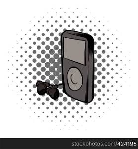Mp3 player with headphones comics icon. Musical equipment on a white background. Mp3 player comics icon