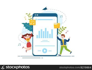 MP3 Player with Headphones, Headset and Phone of Music Listening Devices in Mobile App on Flat Cartoon Hand Drawn Templates Illustration