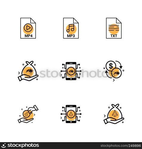 Mp4 , audio , mp3 , video , txt , crypto currency , dollar , money , safe ,icon, vector, design, flat, collection, style, creative, icons