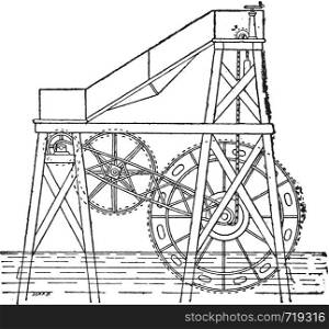 Mr. Colladon floating wheel, vintage engraved illustration. Industrial encyclopedia E.-O. Lami - 1875.