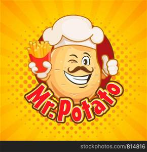 Mr. potato chef with french fries inviting to delicious snack. Smiled character with hipster hairstyle, thumb up and fast food on sunburst halftone background. Vector illustration.. Mr. potato chef with french fries.