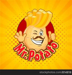 Mr. potato inviting to delicious french fries. Smiled character with hipster hairstyle and thumb up on sunburst halftone background. Vector illustration.. Mr. potato invite to delicious french fries.