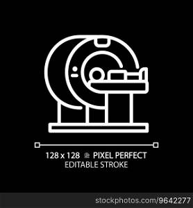 Mri machine pixel perfect white linear icon for dark theme. Computed tomography. Medical scanner. Healthcare technology. Thin line illustration. Isolated symbol for night mode. Editable stroke. Mri machine pixel perfect white linear icon for dark theme