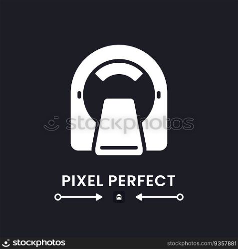 MRI machine white solid desktop icon. Medical equipment. Magnetic resonance imaging. Pixel perfect, outline 4px. Silhouette symbol for dark mode. Glyph pictogram. Vector isolated image. MRI machine white solid desktop icon