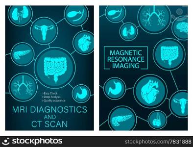MRI research of organs medicine. Vector magnetic resonance imaging medical diagnostic. Healthcare clinic radiology, MRI analysis, diagnostics of digestive, respiratory and urogenital system posters. MRI research of organs medicine vector posters