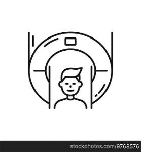 MRI scan for child isolated tomography machine scanning young patient outline icon. Vector computed tomography, ct magnetic resonance imaging. Young child do medical tests MRI scan outline icon