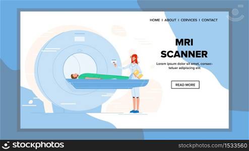 Mri Scanner For Examination Patient Health Vector. Nurse Radiologist Preparing Man For Mri Scan Diagnostic Test. Character In Magnetic Resonance Imaging X-ray Medical Tool Web Cartoon Illustration. Mri Scanner For Examination Patient Health Vector