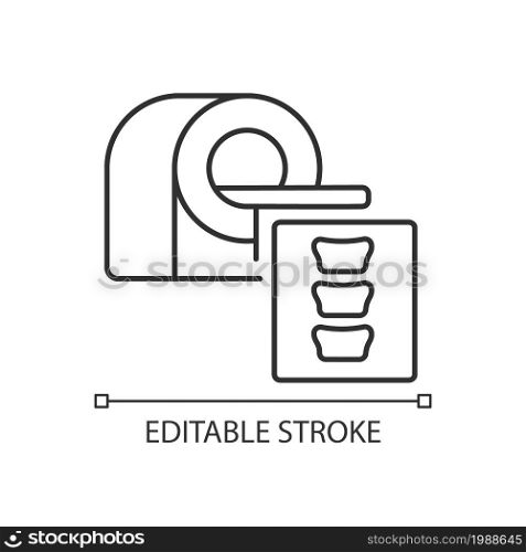 MRI scans linear icon. Disease testing procedure. Medical technology. Patient condition diagnosis. Thin line customizable illustration. Contour symbol. Vector isolated outline drawing. Editable stroke. MRI scans linear icon