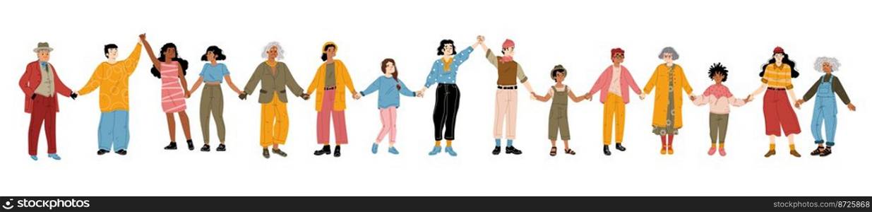 Mu<iethnic adu<peop≤andχldren holding hands isolated on white background. Senior, young characters and kids standing in li≠to≥ther. Friendship, support and unity. Flat vector illustration. Mu<iethnic adu<peop≤,χldren holding hands