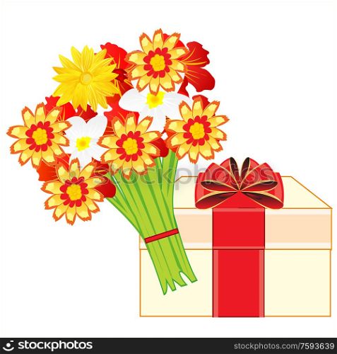 Much beautiful flowers and box gift on white background is insulated. Box with gift and bouquet beautiful flower