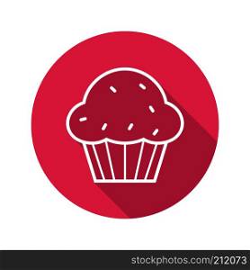 Muffin flat linear long shadow icon. Cupcake with raisins. Vector line symbol. Muffin flat linear long shadow icon