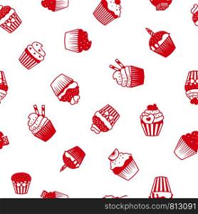 Muffin red and white pattern. Birthday cup cakes decorative background. Vector illustration. Muffin red and white pattern