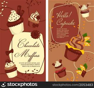 Muffins and cupcakes, chocolate and vanilla flavors. Bakery and pastry, desserts and sweets. Shop or store with good food. Promo banner, advertisement or food presentation. Vector in flat style. Bakery and pastry shop, order desserts and muffins