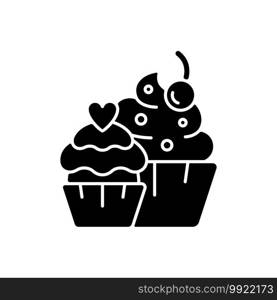 Muffins black glyph icon. Cupcakes with icing and sprinkles. Confectionery for party. Birthday pastry. Desserts for wedding reception. Silhouette symbol on white space. Vector isolated illustration. Muffins black glyph icon