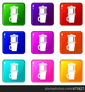 Mug for coffee icons of 9 color set isolated vector illustration. Mug for coffee icons 9 set