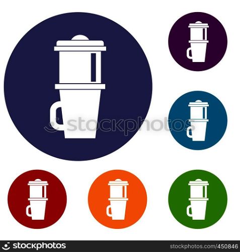 Mug for coffee icons set in flat circle reb, blue and green color for web. Mug for coffee icons set