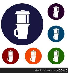 Mug for coffee icons set in flat circle reb, blue and green color for web. Mug for coffee icons set