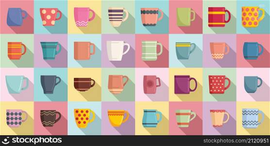 Mug icons set flat vector. Coffee cup. Steam hot mug. Mug icons set flat vector. Coffee cup