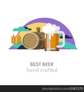 Mug of beer and a beer keg. The best beer.Wheat field, sun, clouds. Environmentally friendly products. Vector illustration in flat style.