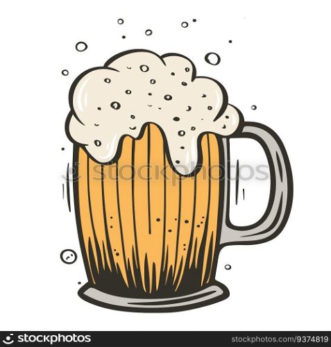 Mug of beer isolated retro illustration. Beer mug with chilled foamy drink. Alcohol, hand drawn, vector. Mug of beer isolated retro illustration