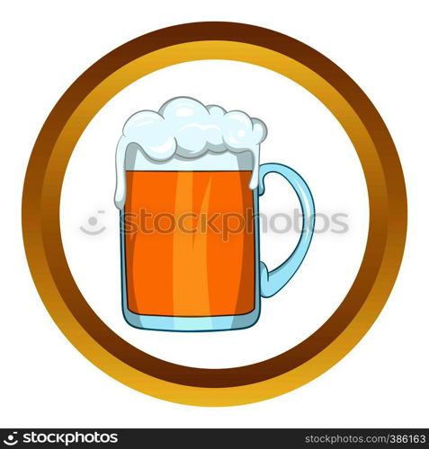 Mug of beer vector icon in golden circle, cartoon style isolated on white background. Mug of beer vector icon