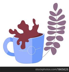 Mug of chocolate or coffee, cappuccino or tea, isolated cup of warm drink or beverage. Flora and blossom, bloom and decorative branch. Promotion and presentation or ads. Vector in flat style. Cup of coffee or hot chocolate, splashes vector