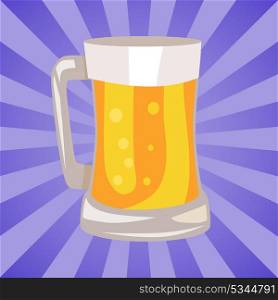 Mug of Light Beer Vector Illustration Isolated. Mug of light beer vector illustration on abstract background with rays. Traditional alcohol drink in transparent glass with handle, icon cartoon style