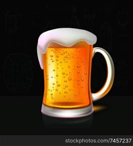 Mug of refreshing cold beer on background of wall with brewery symbos. Barley and mug, glass and pretzel, wooden barrel and chips chalk sketches on blackboard. Mug of Refreshing Cold Beer on Background of Wall