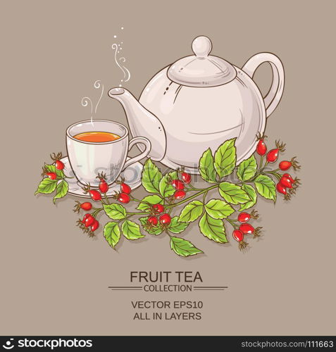 mug of wild rose hips tea and teaapot. mug of wild rose hips tea and teaapot on color background