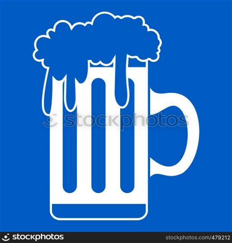 Mug with beer icon white isolated on blue background vector illustration. Mug with beer icon white