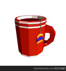 Mug with tea bag isolated on white background. Low poly style. Vector illustration.
