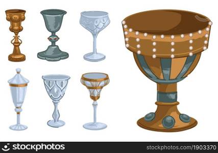 Mugs and cups decorated with gemstones and pearls, isolated goblets made of gold, glass and metal. Container for beverages or ceremonies in churches. Ancient medieval sign, vector in flat style. Goblet of gold and glass, decorated cups and mugs