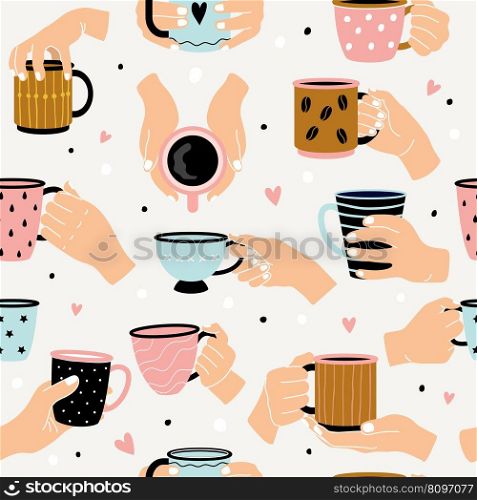 Mugs pattern. People holding hot cups recent vector seamless templates of hot drink in mug seamless pattern illustration. Mugs pattern. People holding hot cups recent vector seamless templates