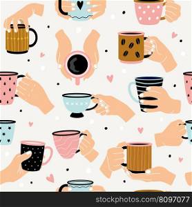 Mugs pattern. People holding hot cups recent vector seamless templates of hot drink in mug seamless pattern illustration. Mugs pattern. People holding hot cups recent vector seamless templates