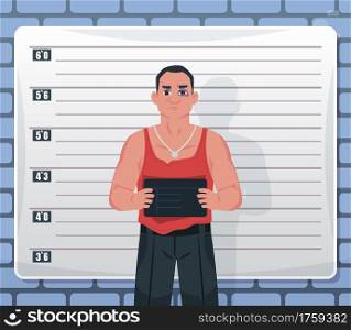 Mugshot. Cartoon arrested male criminal suspect holding board with name. Convict bandit. Photography of killer or prisoner against background of wall with markings of height. Vector gangster photo. Mugshot. Arrested male criminal suspect holding board with name. Convict bandit. Photography of killer or prisoner against background of wall with markings of height. Vector gangster