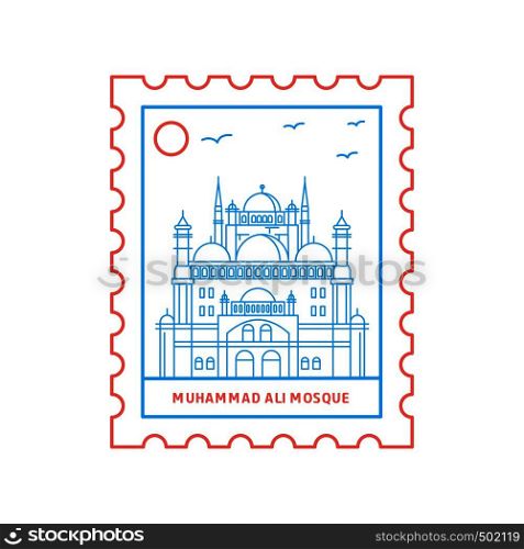 MUHAMMAD ALI MOSQUE postage stamp Blue and red Line Style, vector illustration