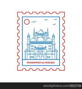 MUHAMMAD ALI MOSQUE postage stamp Blue and red Line Style, vector illustration