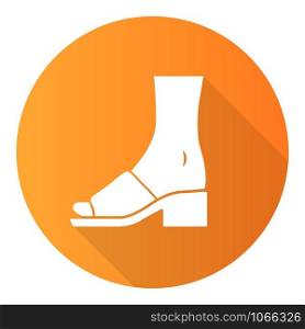 Mule sandals orange flat design long shadow glyph icon. Woman stylish footwear design. Female casual shoes, block high heels. Fashionable retro clothing accessory. Vector silhouette illustration