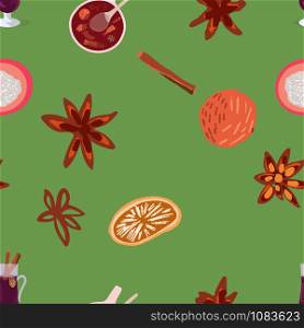 Mulled spices seamless pattern on green background. Festive textile, web, wrapping paper, background fill.. Mulled spices seamless pattern on green background