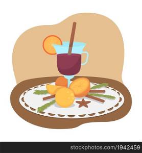 Mulled wine 2D vector isolated illustration. Hot punch with spices and oranges for Christmas. Autumnal warm drink flat composition on cartoon background. Fall festive treats colourful scene. Mulled wine 2D vector isolated illustration