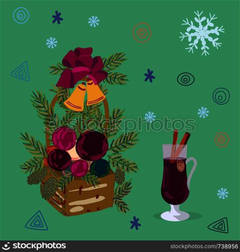 Mulled wine and basket with Christmas decor, pine. Holiday composition with decorations. Flat style illustration. Festive greeting card, banner, poster sketch design. . Mulled wine and basket with Christmas decor, pine.