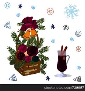 Mulled wine and basket with Christmas decor, pine on white background. Holiday composition with decorations. Flat style illustration. Festive greeting card, banner, poster sketch design. . Mulled wine and basket with Christmas decor, pine on white background