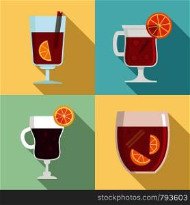 Mulled wine icon set. Flat set of mulled wine vector icons for web design. Mulled wine icon set, flat style